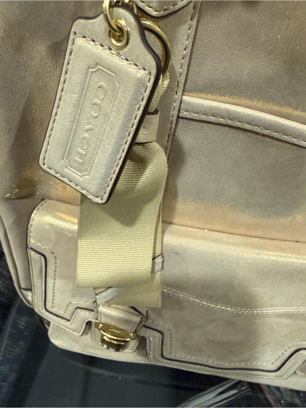 Coach Shimmery Champagne Leather Shoulder Bag with Gold Chain Straps - Picture 9 of 11